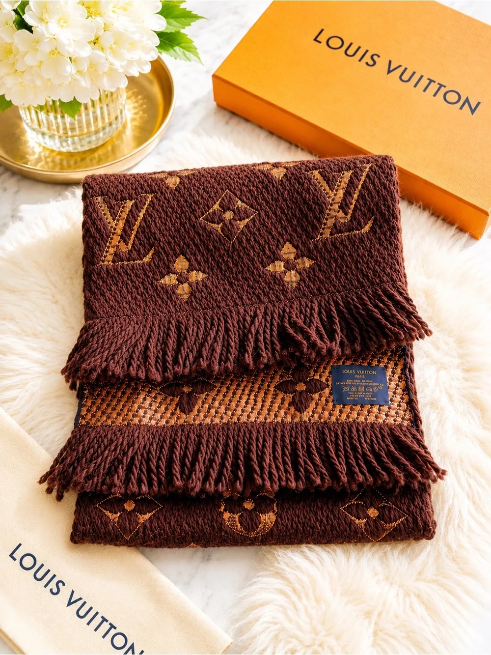 Louis Vuitton Brown Monogram Logomania Fringe Scarf Wool Silk Blend